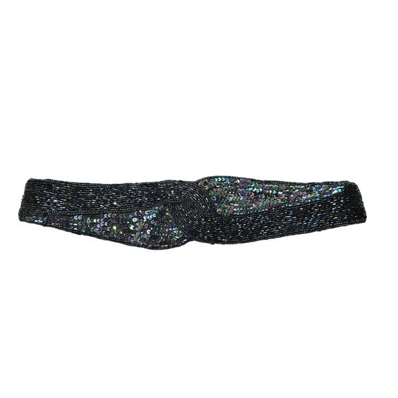 Sequin Beaded Stretch Belt Womens M/L Black Iridescent Snap Waist Evening - Picture 1 of 11